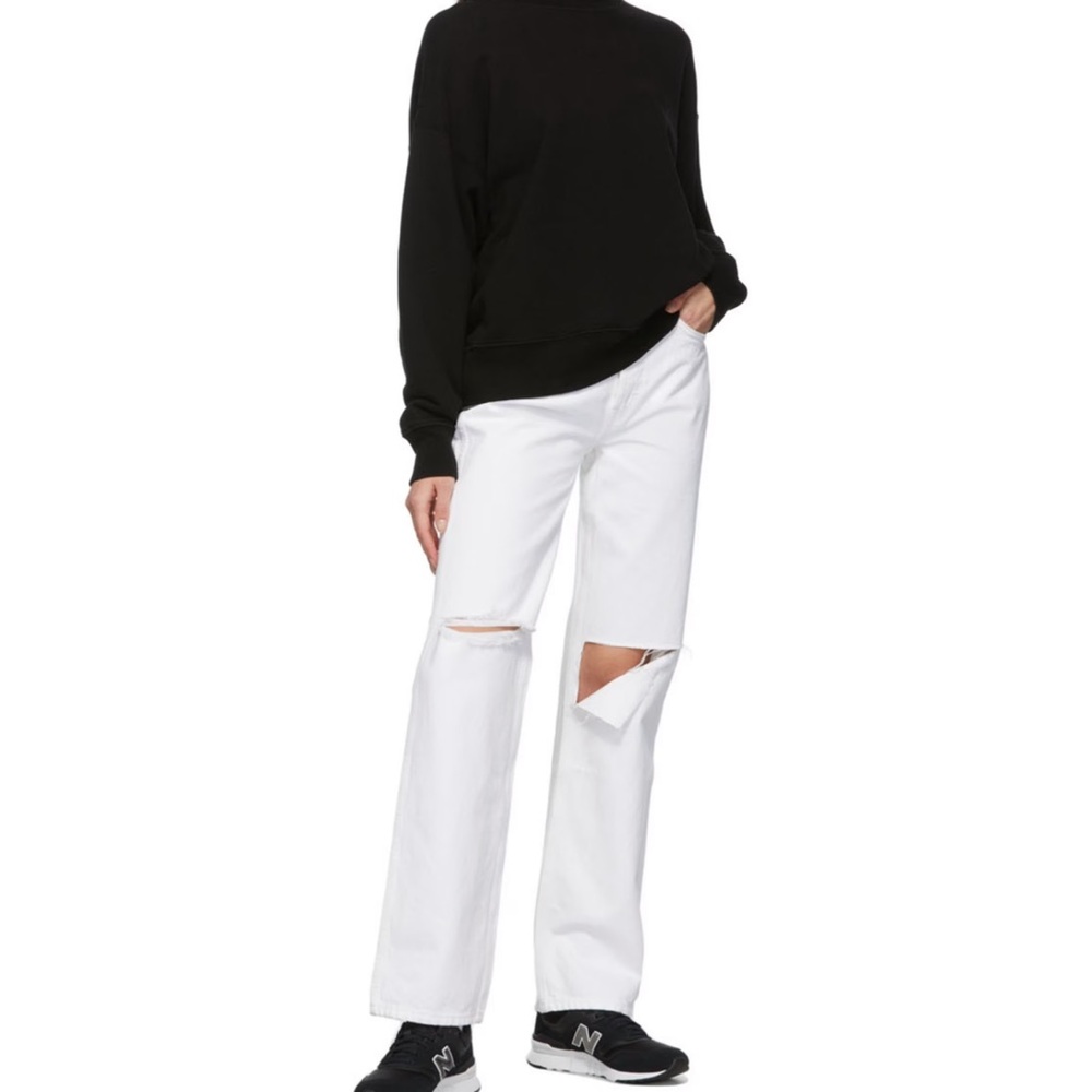 Re/Done White Straight Leg Jeans with Knee Distressing